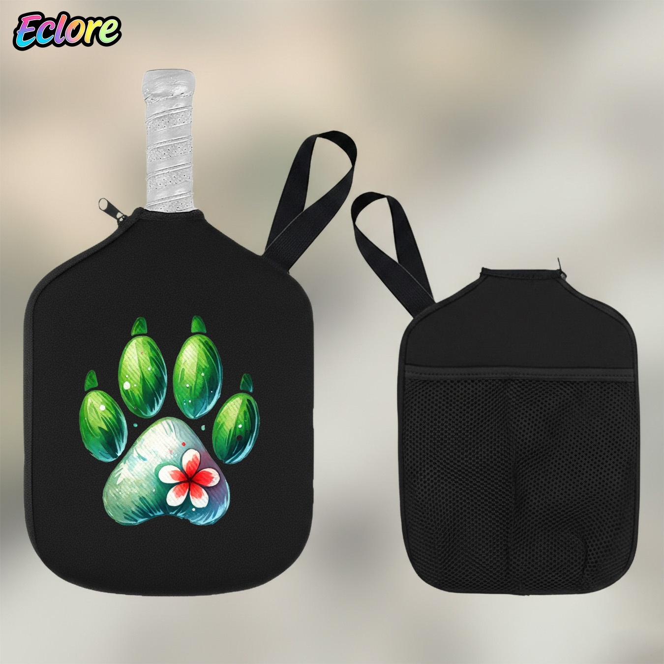 Racket Cover Bag - グリーン水彩画の足跡模様パドルカバー、耐久性のあるピックルボールラケットバッグ、スポーツ愛好家向けの耐衝撃性、卓球、テニス用